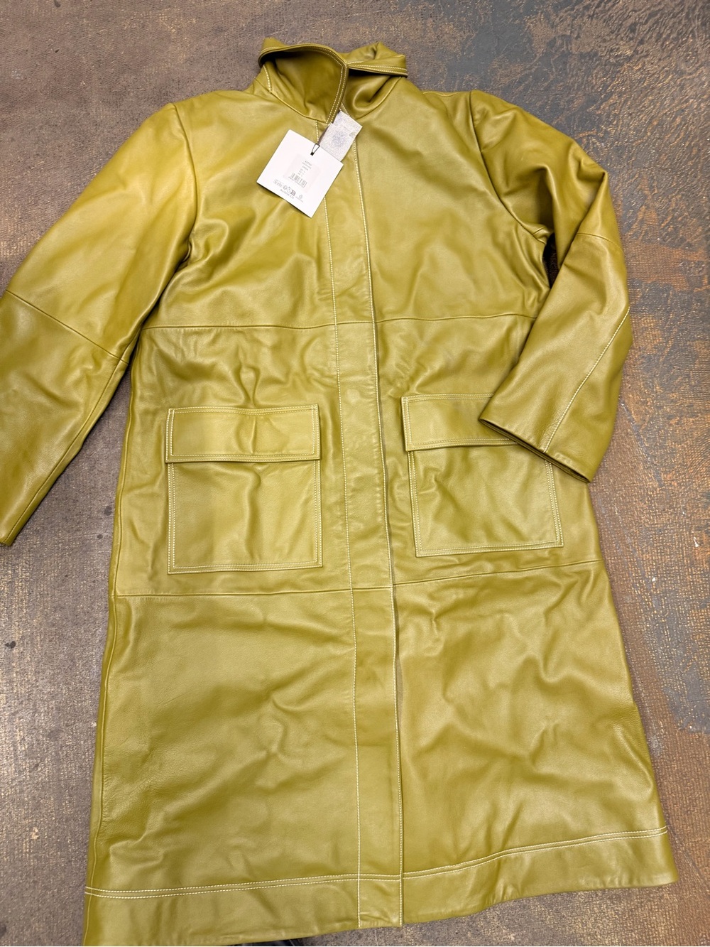Women's Olive Long Trench Coat with Patch Pockets - Picture 3 of 4